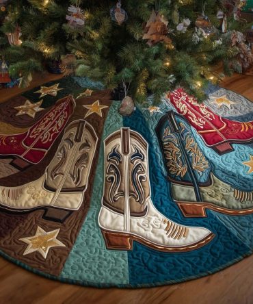 Star-Accent Cowboy Boot Wedge Christmas Tree Skirt — Custom Handmade Western Holiday Skirt With Star Motifs, Durable & Gift-Ready