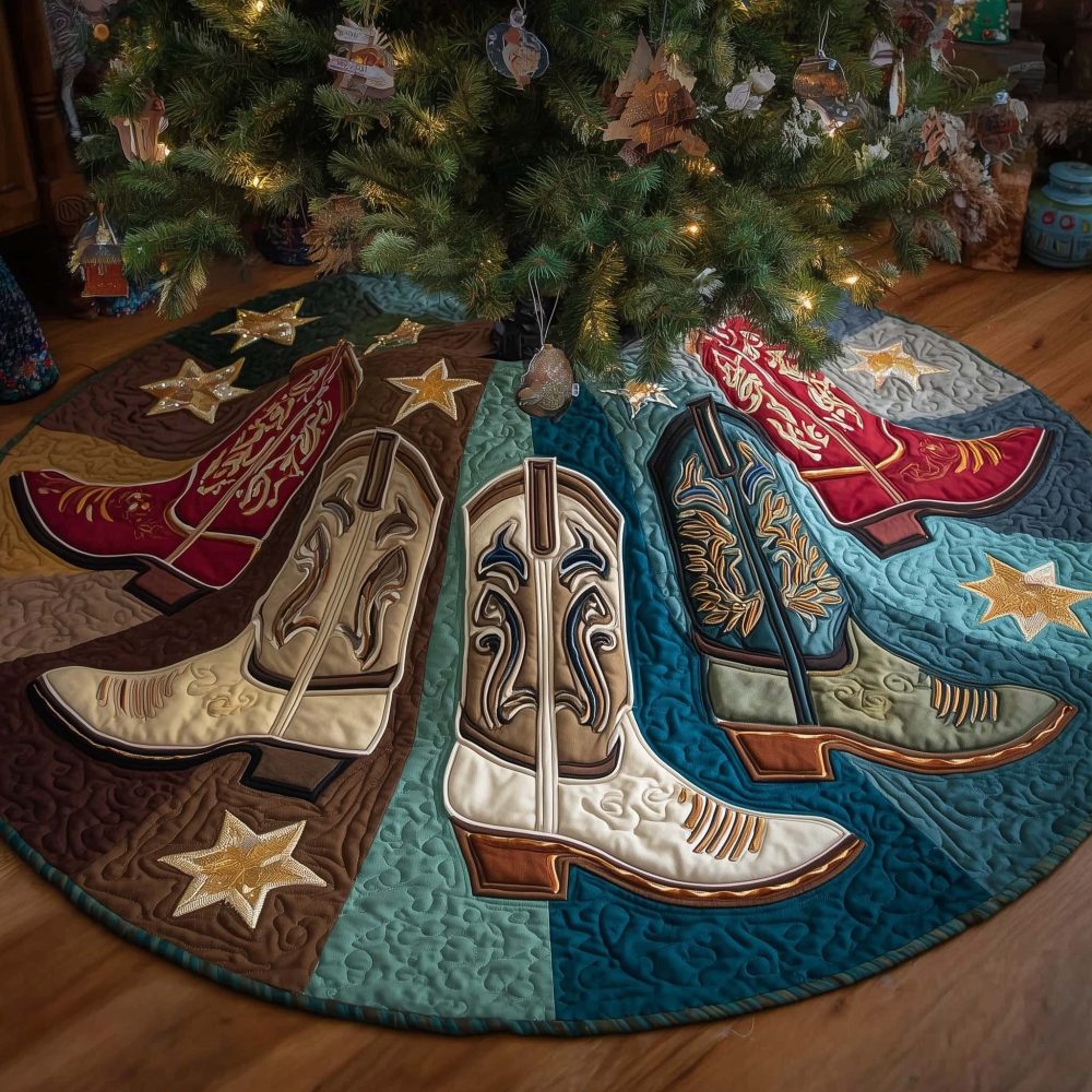 Star-Accent Cowboy Boot Wedge Christmas Tree Skirt — Custom Handmade Western Holiday Skirt With Star Motifs, Durable & Gift-Ready