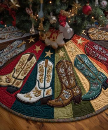 Bright Panel Cowboy Boot Christmas Tree Skirt — Custom Western Holiday Skirt, Vibrant Colors, Durable Fabric, Gift-Ready