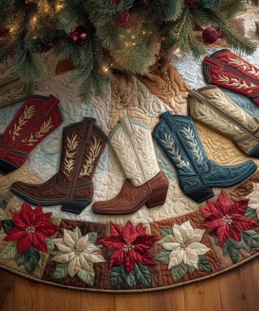 Red Poinsettia Cowboy Boot Christmas Tree Skirt — Custom-Made Red Floral Western Holiday Tree Skirt, Handmade For Festive Homes