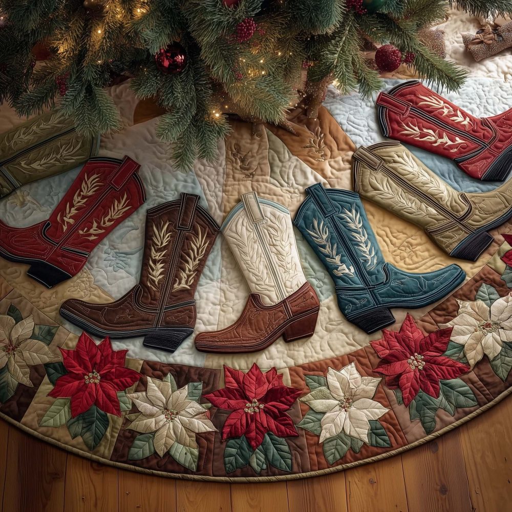 Red Poinsettia Cowboy Boot Christmas Tree Skirt — Custom-Made Red Floral Western Holiday Tree Skirt, Handmade For Festive Homes