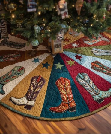 Custom Teal & Red Cowboy Boot Christmas Tree Skirt — Handmade Western Holiday Tree Skirt, Made To Order, Durable Festive Décor