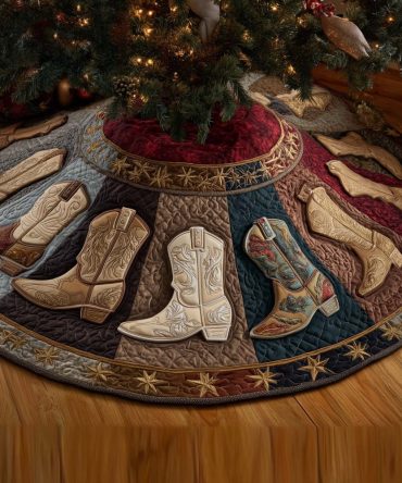 Cream Cowboy Boot On Tan Christmas Tree Skirt — Handmade Neutral Western Holiday Skirt, Elegant Rustic Decor, Custom Sizes Available