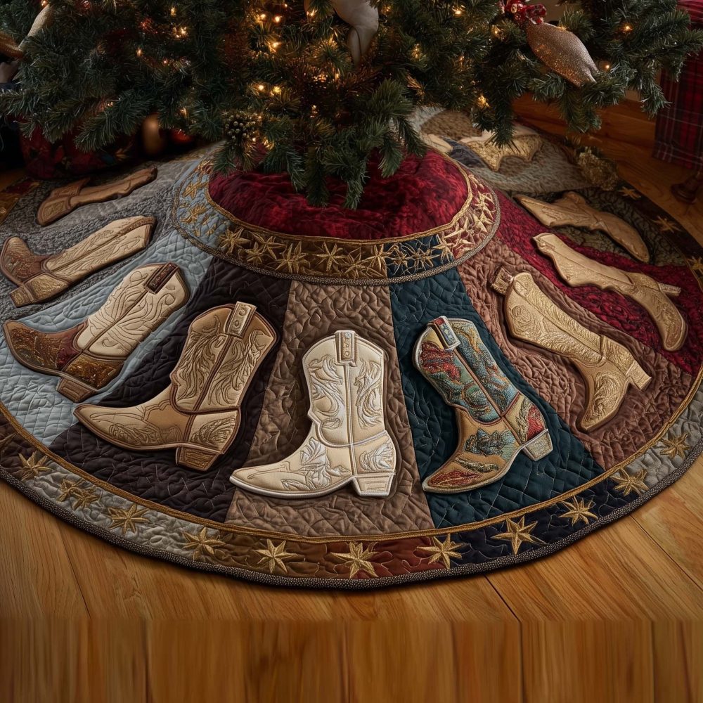 Cream Cowboy Boot On Tan Christmas Tree Skirt — Handmade Neutral Western Holiday Skirt, Elegant Rustic Decor, Custom Sizes Available