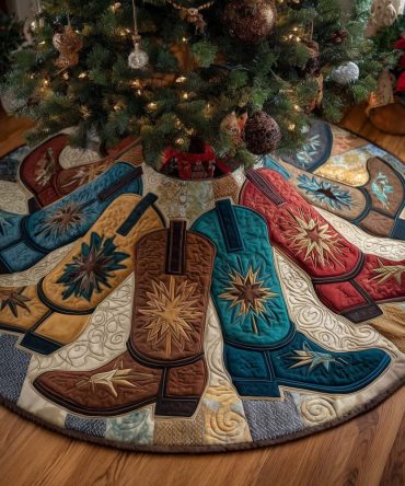 Teal & Rust Cowboy Boot Christmas Tree Skirt — Custom Western Holiday Accent, Vibrant Boot Print, Premium Stitching, Machine Washable
