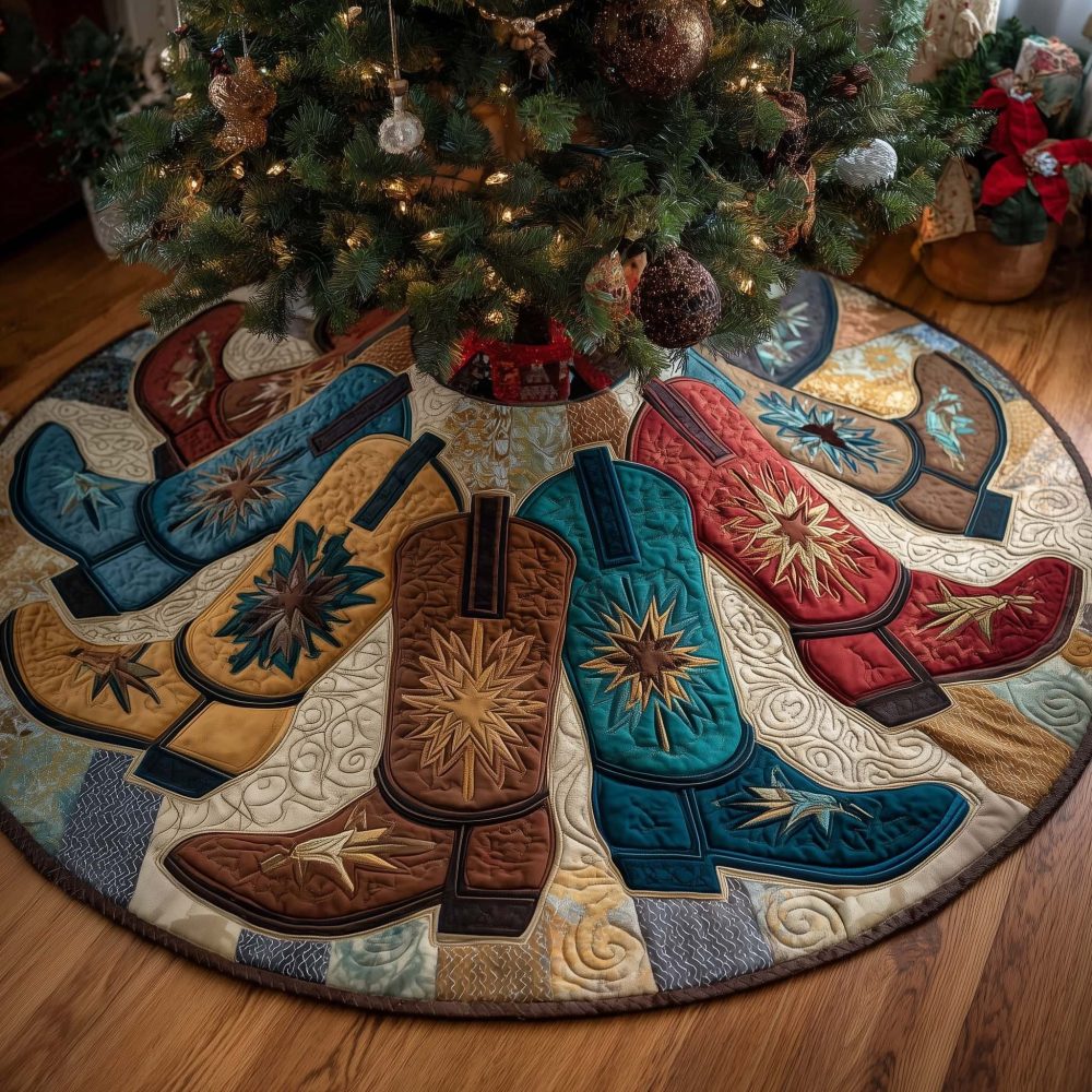 Teal & Rust Cowboy Boot Christmas Tree Skirt — Custom Western Holiday Accent, Vibrant Boot Print, Premium Stitching, Machine Washable