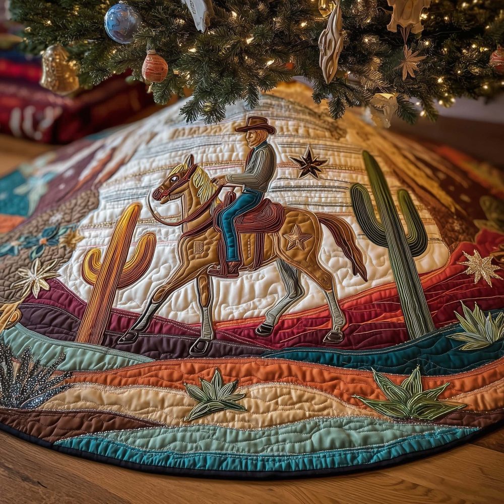 Cowboy Riding Among Cacti Christmas Tree Skirt — Custom Western Holiday Decor, Southwestern Motif, Soft & Long-Lasting Fabric