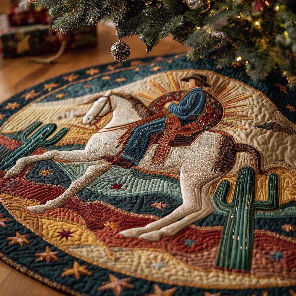 Riding Rearing Horse Cowboy Christmas Tree Skirt — Handcrafted Western Holiday Skirt With Bold Silhouette, Durable Materials