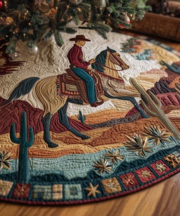 Western Cowboy Riding Through Desert Christmas Tree Skirt — Made-To-Order Rustic Holiday Scene, Premium Fabric, Custom Fit