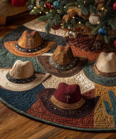 Colorful Panel Cowboy Hat Christmas Tree Skirt — Custom Handmade Festive Western Skirt, Bright Holiday Living Room Accent
