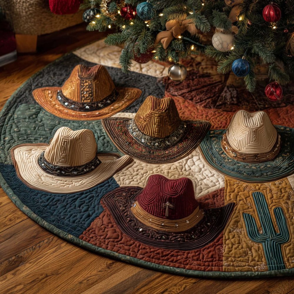 Colorful Panel Cowboy Hat Christmas Tree Skirt — Custom Handmade Festive Western Skirt, Bright Holiday Living Room Accent