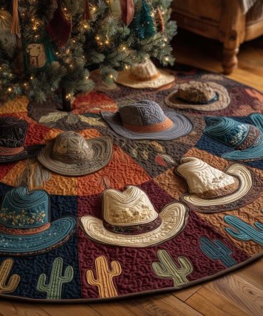 Warm Earth-Tone Cowboy Hat Christmas Tree Skirt — Handmade Western Holiday Decor, Neutral Rustic Style, Custom Size Options