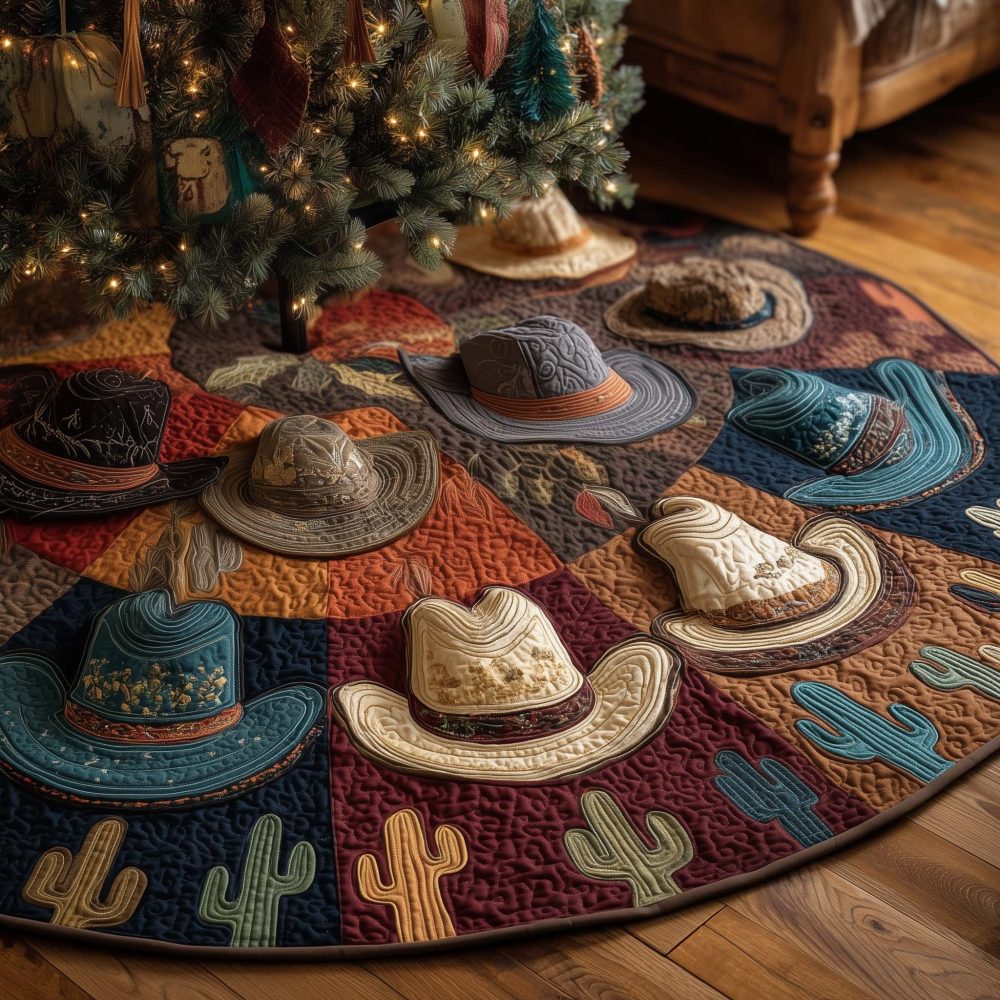 Warm Earth-Tone Cowboy Hat Christmas Tree Skirt — Handmade Western Holiday Decor, Neutral Rustic Style, Custom Size Options