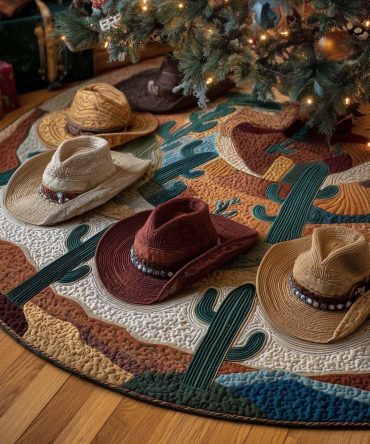 Desert Cactus & Cowboy Hat Christmas Tree Skirt — Custom Western Holiday Decor, Rustic Farmhouse Accent, Made To Order