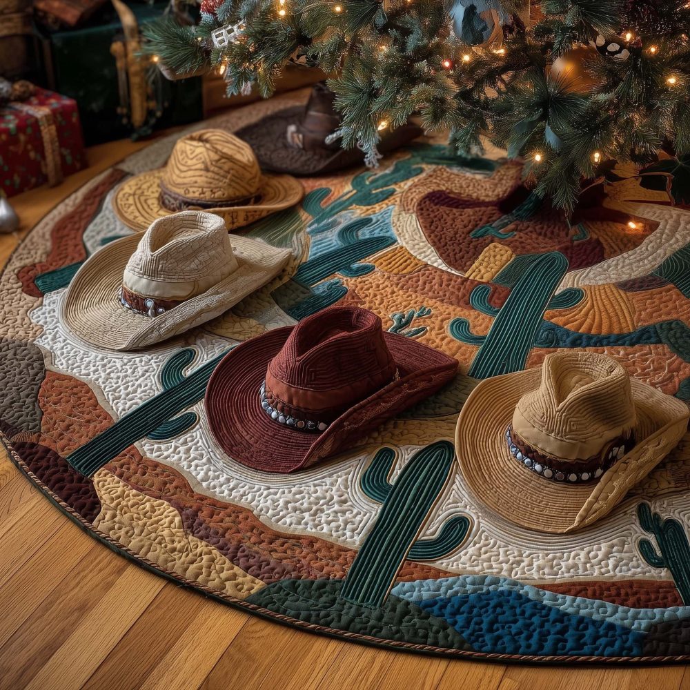 Desert Cactus & Cowboy Hat Christmas Tree Skirt — Custom Western Holiday Decor, Rustic Farmhouse Accent, Made To Order