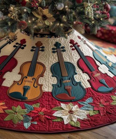 Ruby Poinsettia Violin Christmas Tree Skirt - Handmade Festive Tree Collar With Musical Poinsettia Accents, Custom Order