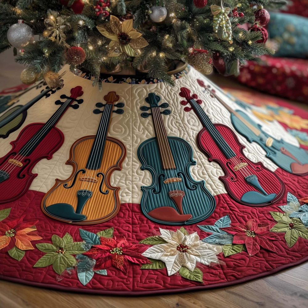 Ruby Poinsettia Violin Christmas Tree Skirt - Handmade Festive Tree Collar With Musical Poinsettia Accents, Custom Order