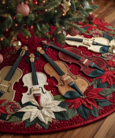Poinsettia Ring Violin Christmas Tree Skirt - Handmade Custom Holiday Tree Collar With Musical Flower Ring Design, Made-To-Order
