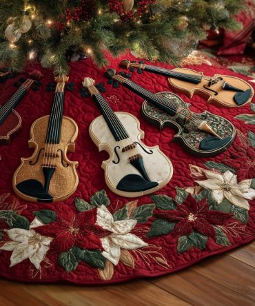 White Poinsettia Violin Christmas Tree Skirt - Custom Handmade Winter Tree Collar With Elegant White Floral Music Design