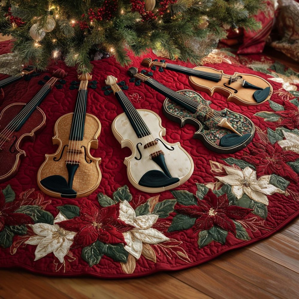 White Poinsettia Violin Christmas Tree Skirt - Custom Handmade Winter Tree Collar With Elegant White Floral Music Design