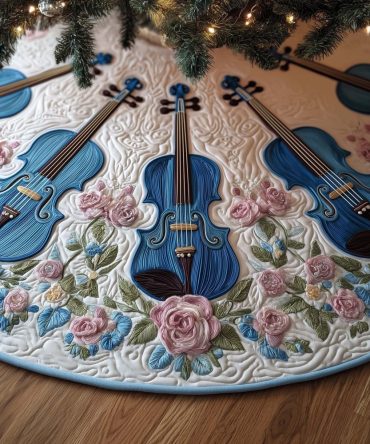 Blue Violin Rose Garland Christmas Tree Skirt - Handmade Custom Tree Collar Featuring Blue Violins & Rose Wreath Holiday Decor