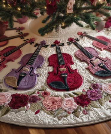 Pink Rose Hem Violin Christmas Tree Skirt - Custom Made Holiday Tree Collar With Romantic Rose & Music Motif