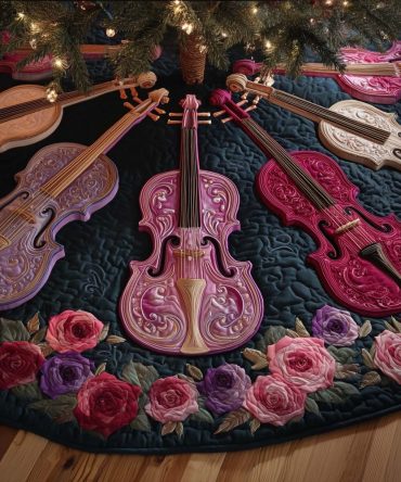 Blush & Black Rose Violin Christmas Tree Skirt - Custom Handmade Holiday Tree Collar With Floral Music Design, Made To Order
