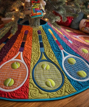 Colorful Panel Tennis Racket Christmas Tree Skirt — Custom Handmade Holiday Skirt, Bold Colors, Perfect Gift For Players