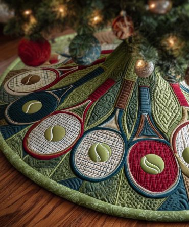 Sage Green Tennis Racket Christmas Tree Skirt — Customizable Holiday Tree Skirt, Elegant Sport-Themed Home Decor