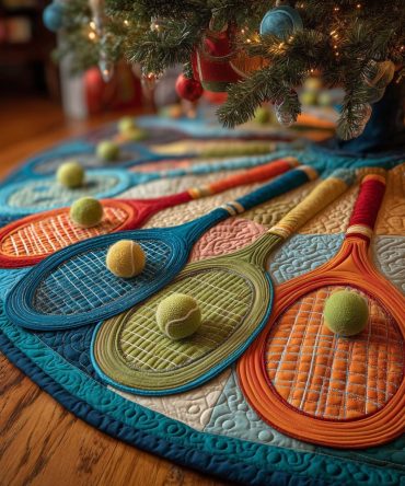 Handmade Teal & Orange Tennis Racket Christmas Tree Skirt — Custom Holiday Tree Collar, Durable & Washable