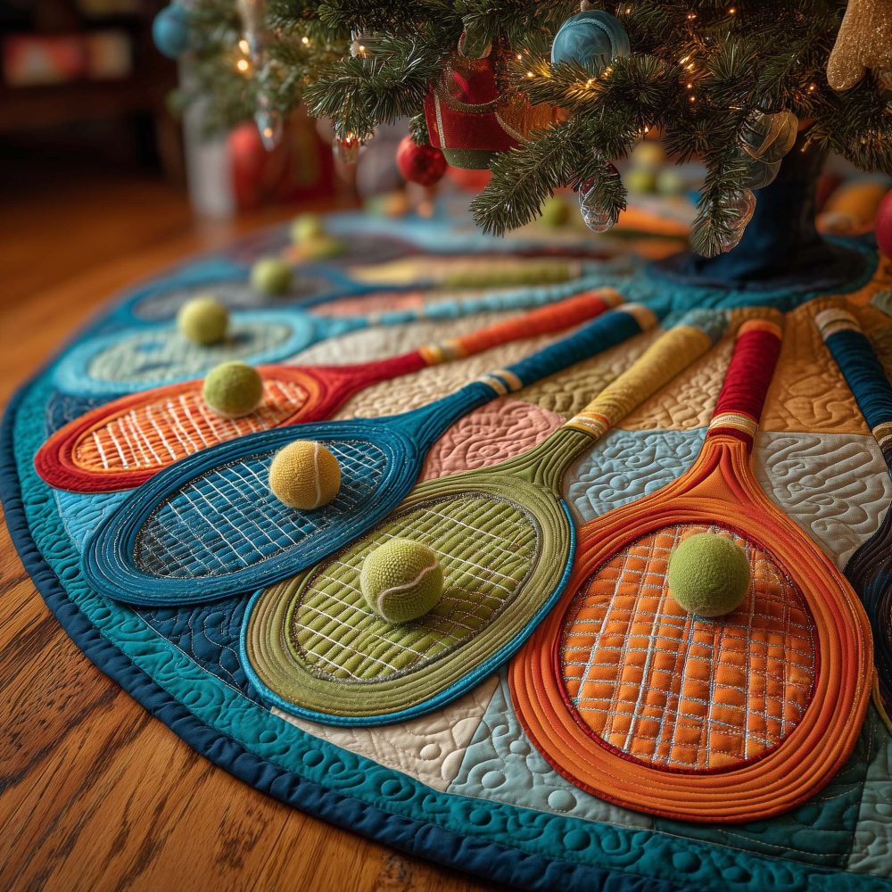 Handmade Teal & Orange Tennis Racket Christmas Tree Skirt — Custom Holiday Tree Collar, Durable & Washable