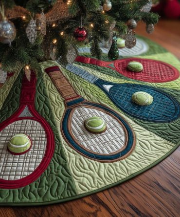 Green & Grey Tennis Racket Christmas Tree Skirt — Custom Holiday Accent, Reversible Lining, Perfect For Sports Fans