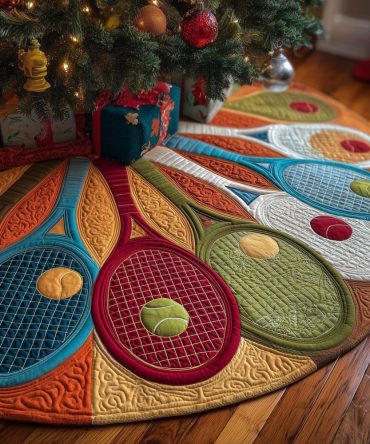 Vibrant Red & Blue Tennis Racket Christmas Tree Skirt — Custom Made Holiday Decor, Soft Polyester, Machine Washable