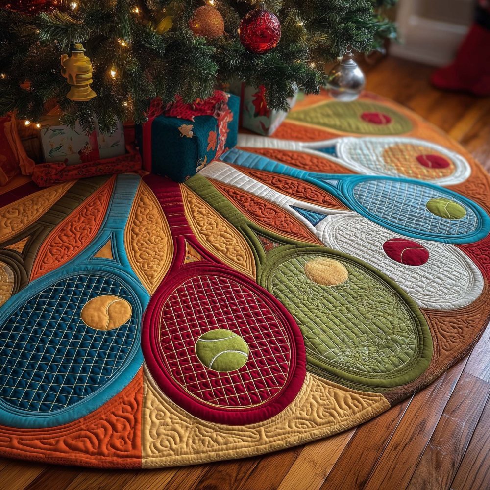 Vibrant Red & Blue Tennis Racket Christmas Tree Skirt — Custom Made Holiday Decor, Soft Polyester, Machine Washable