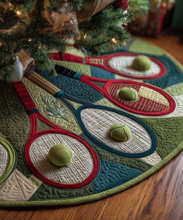 Green Christmas Tree Skirt With Tennis Rackets & Red Trim — Custom Sports Holiday Skirt For Tennis Lovers, Stylish Game-Day Decor