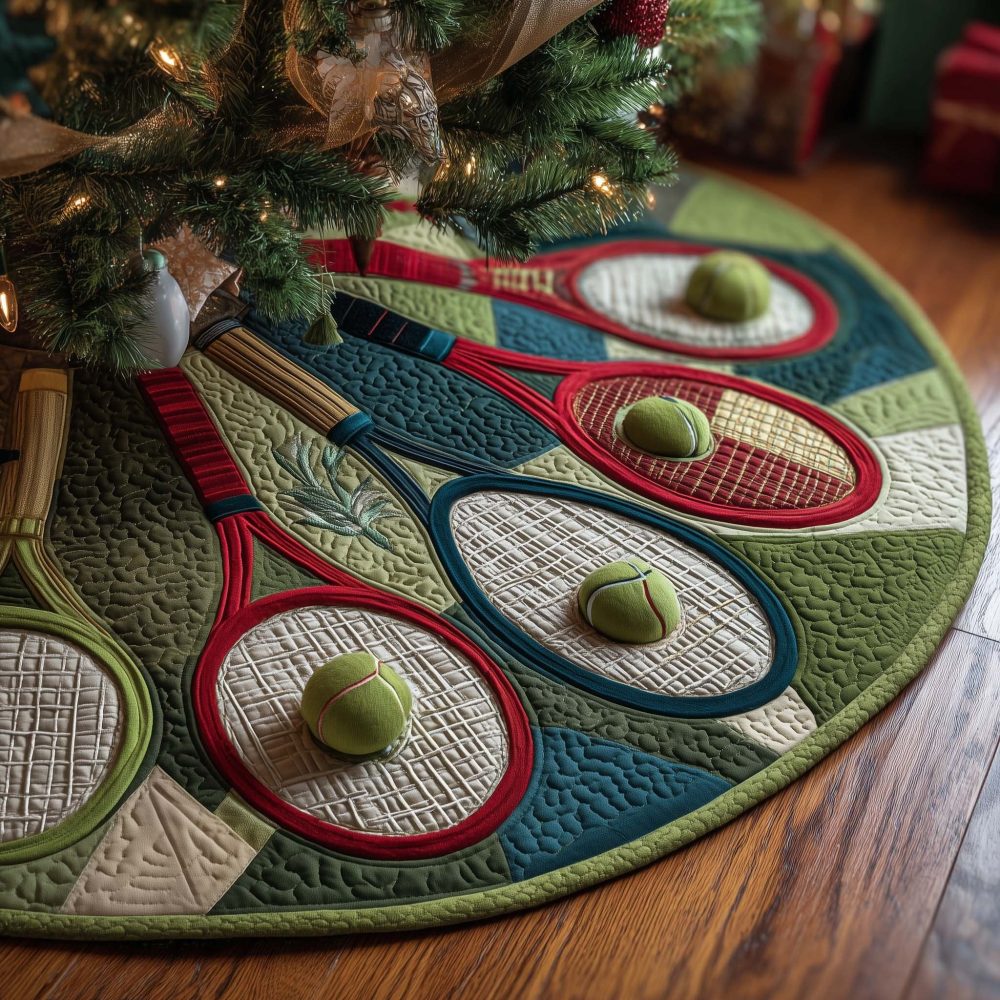 Green Christmas Tree Skirt With Tennis Rackets & Red Trim — Custom Sports Holiday Skirt For Tennis Lovers, Stylish Game-Day Decor