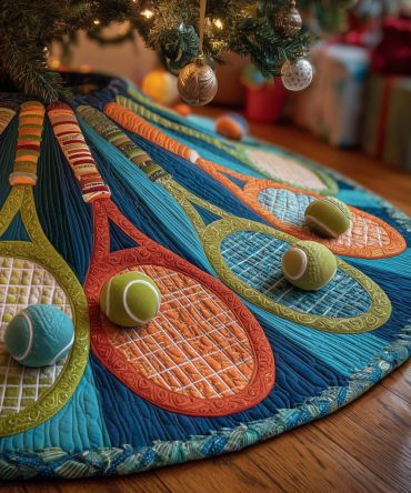Orange & Blue Tennis Racket Christmas Tree Skirt — Custom Sports-Themed Holiday Decor For Tennis Fans, Durable & Machine Washable