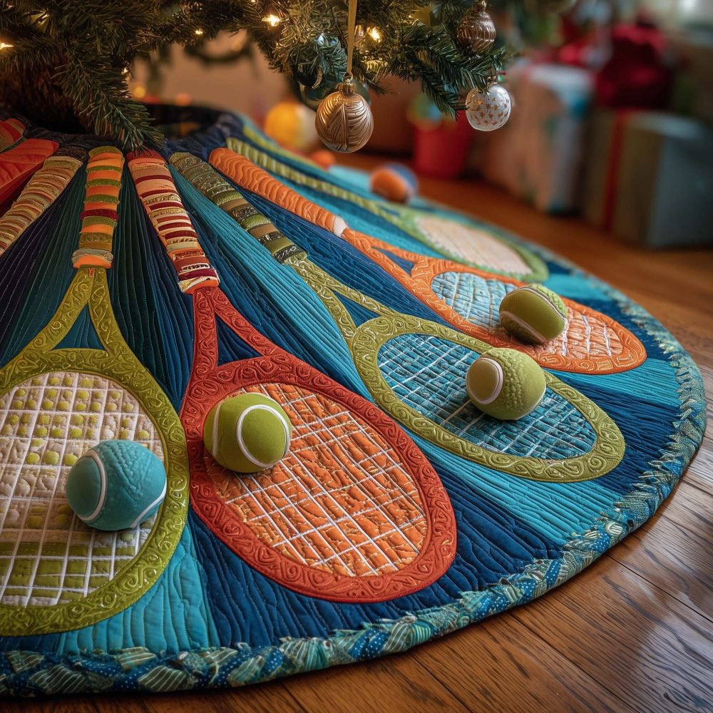 Orange & Blue Tennis Racket Christmas Tree Skirt — Custom Sports-Themed Holiday Decor For Tennis Fans, Durable & Machine Washable