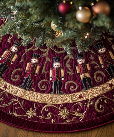 Burgundy Nutcracker Court Christmas Tree Skirt — Rich Burgundy Holiday Skirt With Nutcracker Ensemble, Custom Sizes & Premium Finish