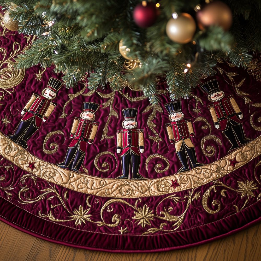 Burgundy Nutcracker Court Christmas Tree Skirt — Rich Burgundy Holiday Skirt With Nutcracker Ensemble, Custom Sizes & Premium Finish