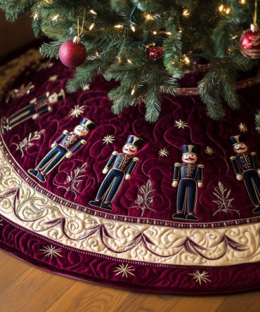 Plum Velvet Nutcracker Christmas Tree Skirt — Luxurious Plum Velvet With Nutcracker Row, Made-To-Order Holiday Skirt For Elegant Decor