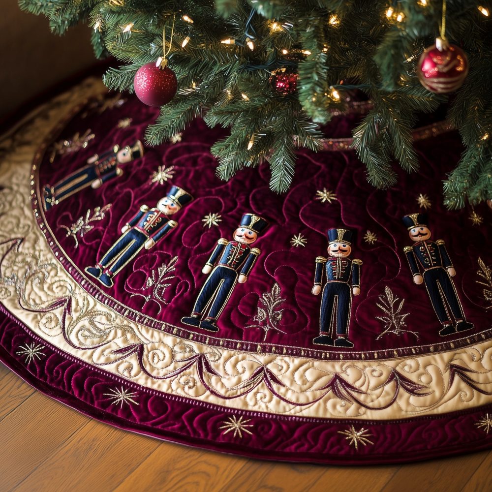Plum Velvet Nutcracker Christmas Tree Skirt — Luxurious Plum Velvet With Nutcracker Row, Made-To-Order Holiday Skirt For Elegant Decor