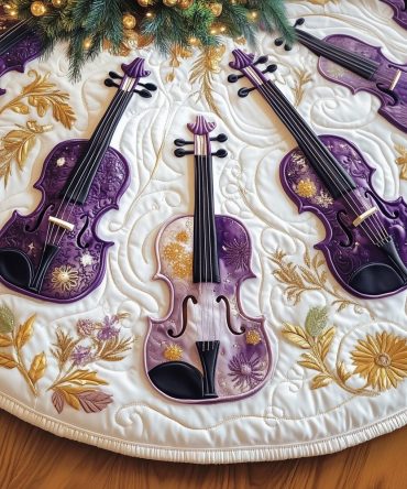 Custom Violet Violin Christmas Tree Skirt With Gold Leaf Trim - Handmade Musical Holiday Tree Collar, Made To Order