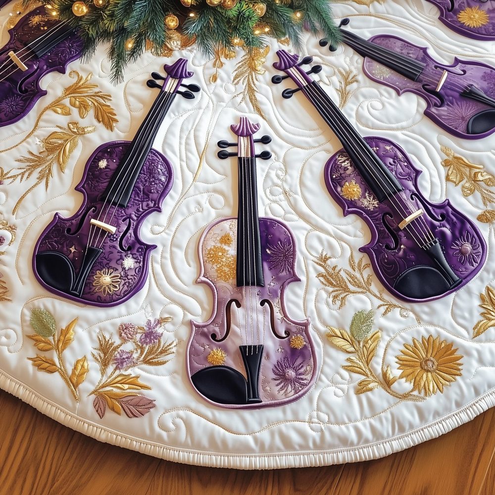 Custom Violet Violin Christmas Tree Skirt With Gold Leaf Trim - Handmade Musical Holiday Tree Collar, Made To Order
