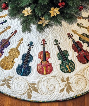Rainbow Violins With Gold Scroll Christmas Tree Skirt — Custom Handmade Musical Tree Skirt, Colorful Elegant Holiday Centerpiece