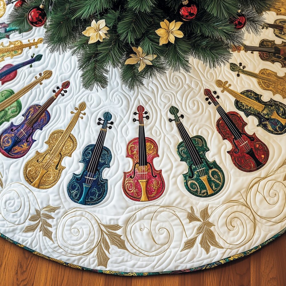 Rainbow Violins With Gold Scroll Christmas Tree Skirt — Custom Handmade Musical Tree Skirt, Colorful Elegant Holiday Centerpiece