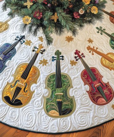 Violin Trio Christmas Tree Skirt With Gold Stars — Handmade Musical Holiday Tree Skirt, Custom Size For Elegant Seasonal Decor
