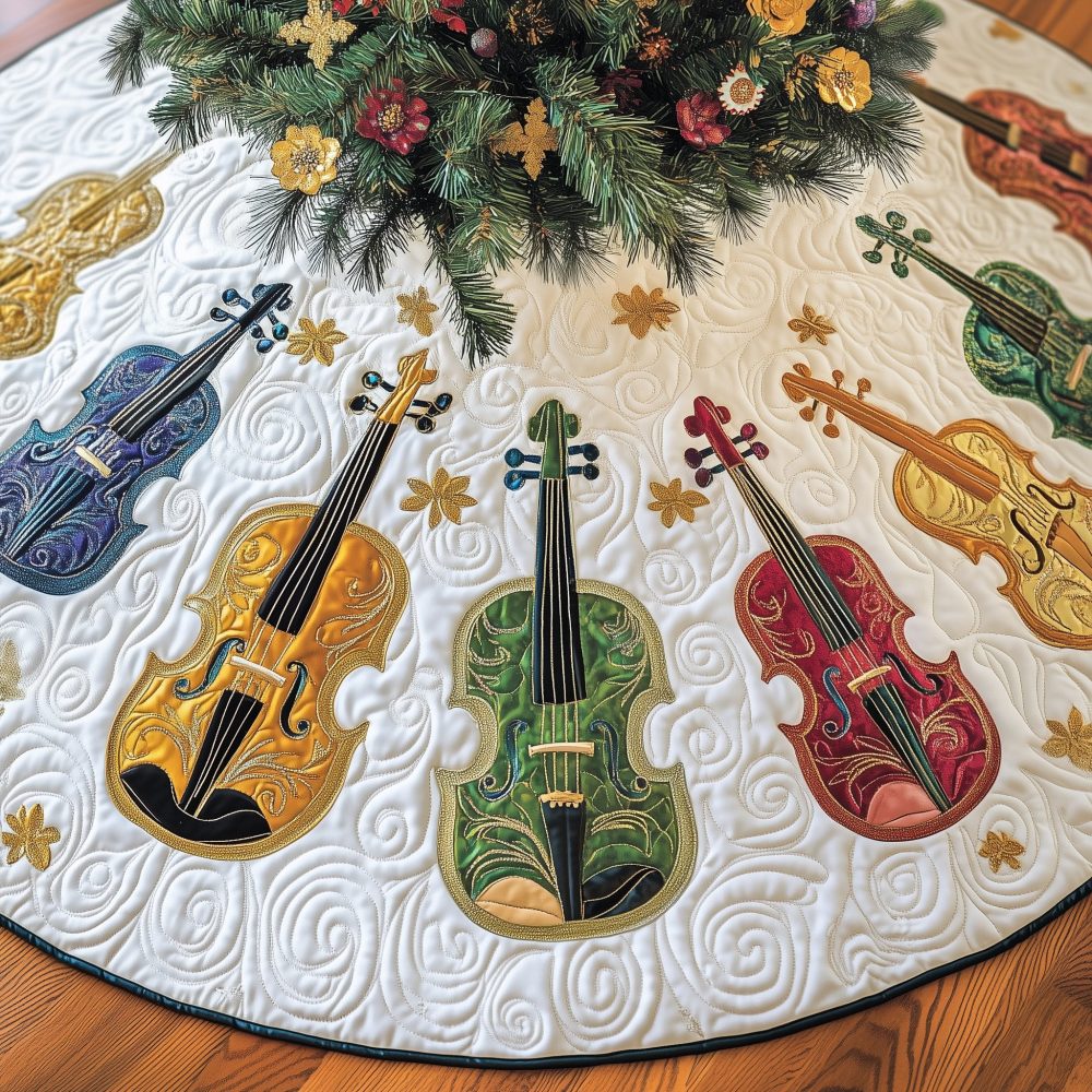 Violin Trio Christmas Tree Skirt With Gold Stars — Handmade Musical Holiday Tree Skirt, Custom Size For Elegant Seasonal Decor