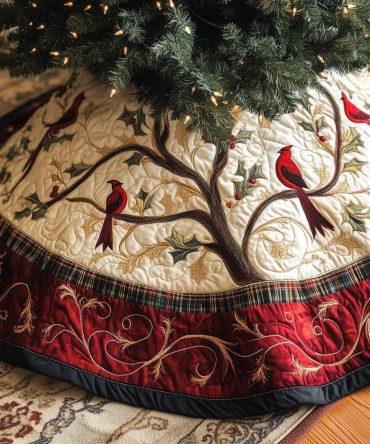 Ivory Cardinal Christmas Tree Skirt — Made-To-Order Classic Holiday Skirt With Bird Motif, Soft Textures For Elegant Seasonal Styling