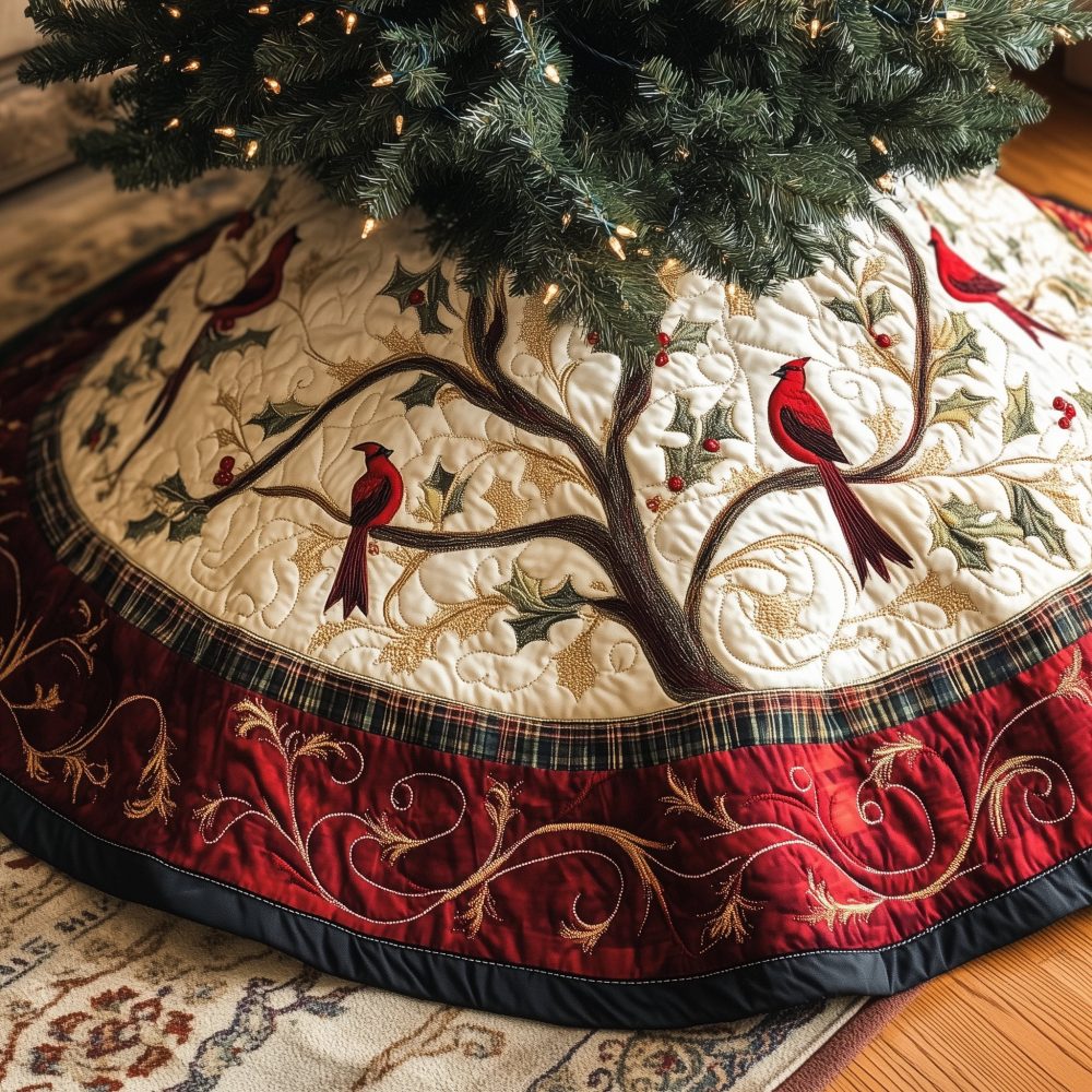 Ivory Cardinal Christmas Tree Skirt — Made-To-Order Classic Holiday Skirt With Bird Motif, Soft Textures For Elegant Seasonal Styling
